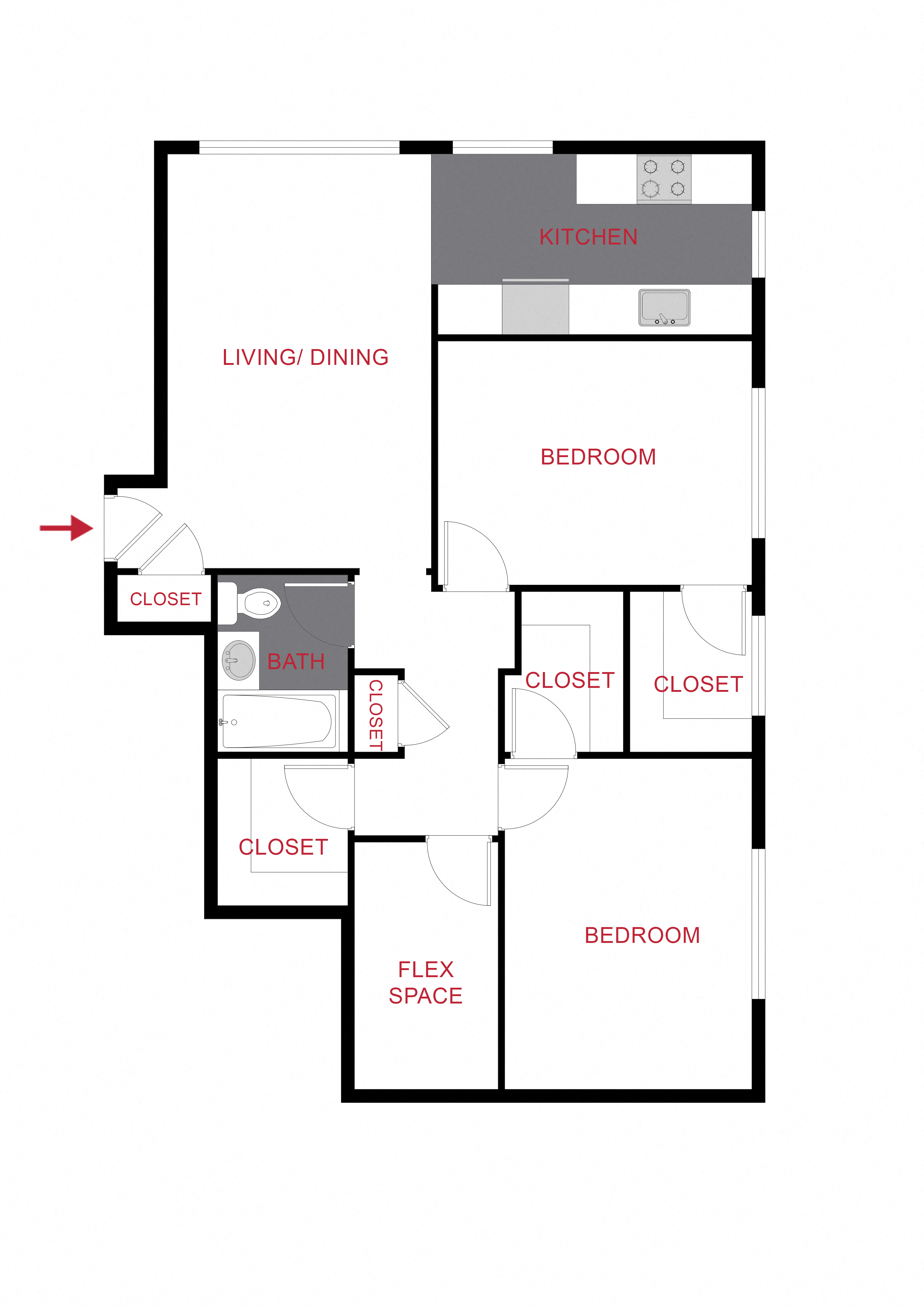 Floor plan for 2 beds, 1 bath, 925 sqft
